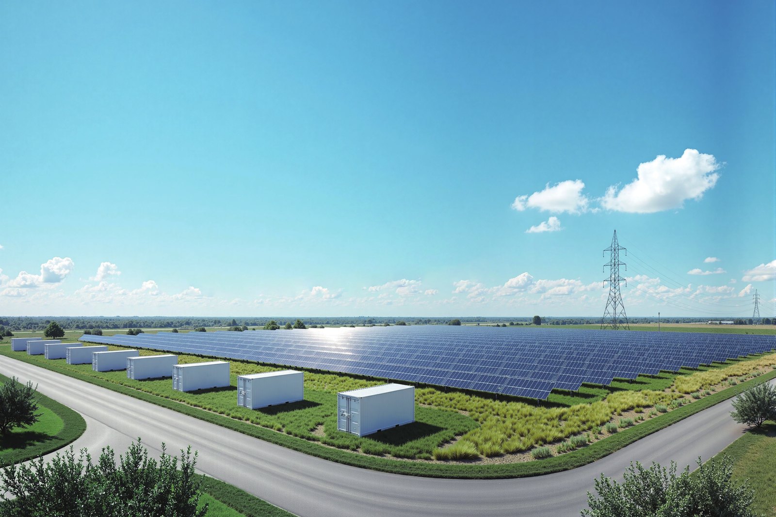 Planta solar con contenedores de almacenamiento