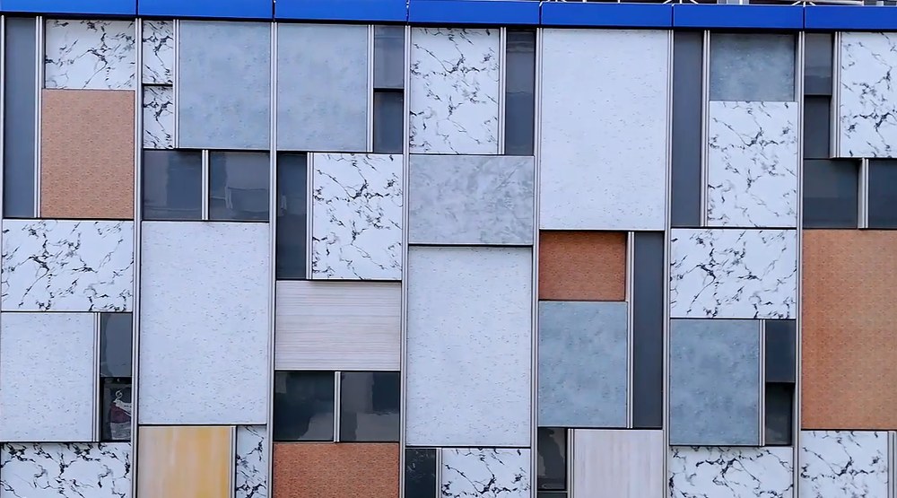 BIPV façade panels in stone, marble-look and colour finishes