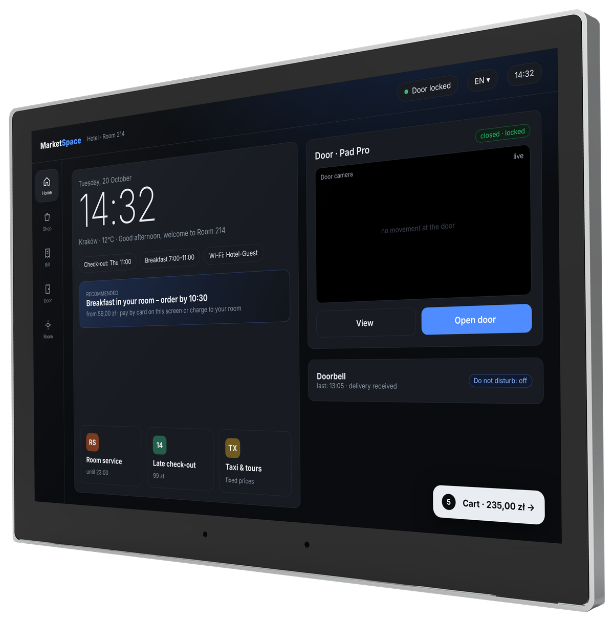 Room screen with the concierge, door status and recommended offers