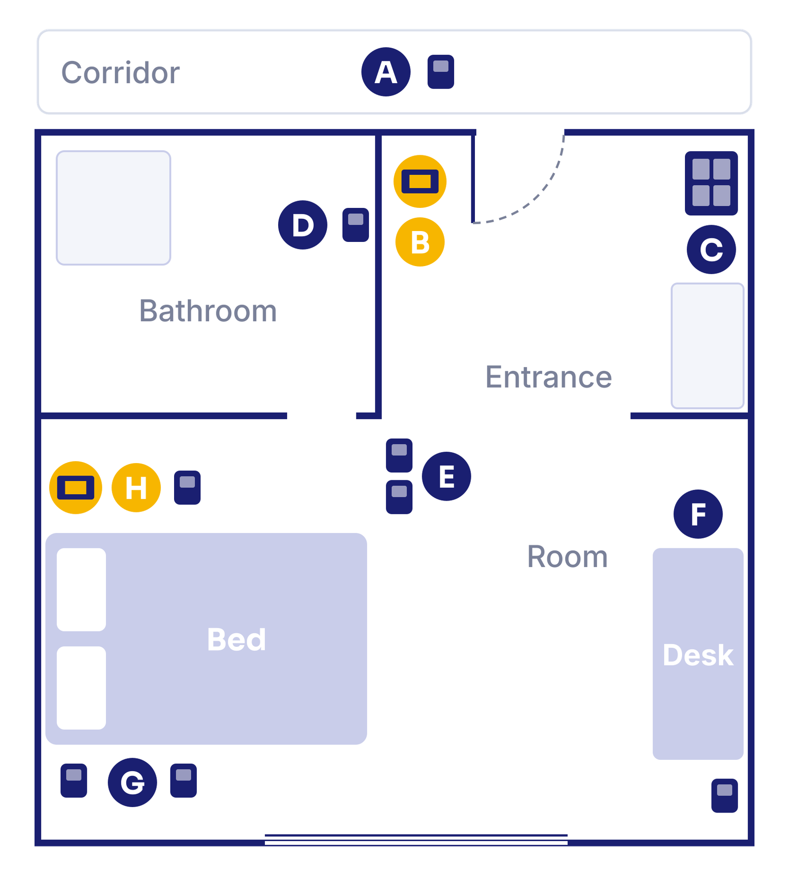 Hotel room plan with room-control modules and MarketSpace screens
