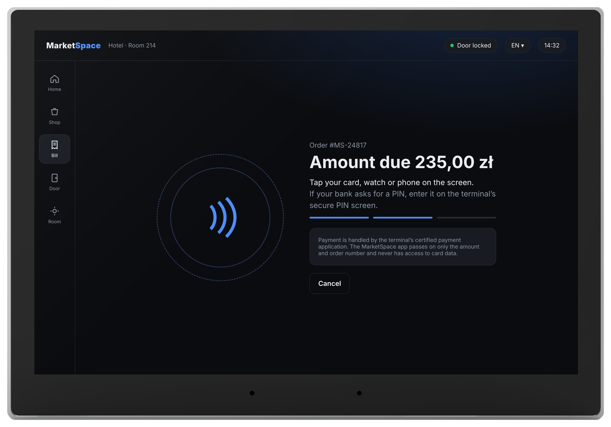 Payment screen: tap your card, watch or phone