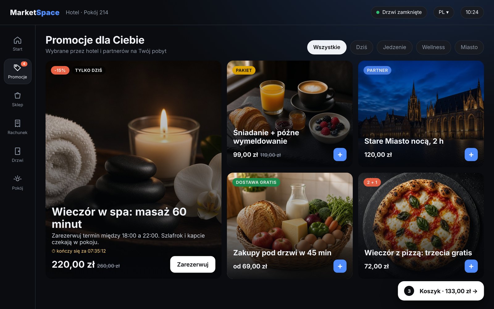 Ekran promocji z ofertami hotelu i partnerów