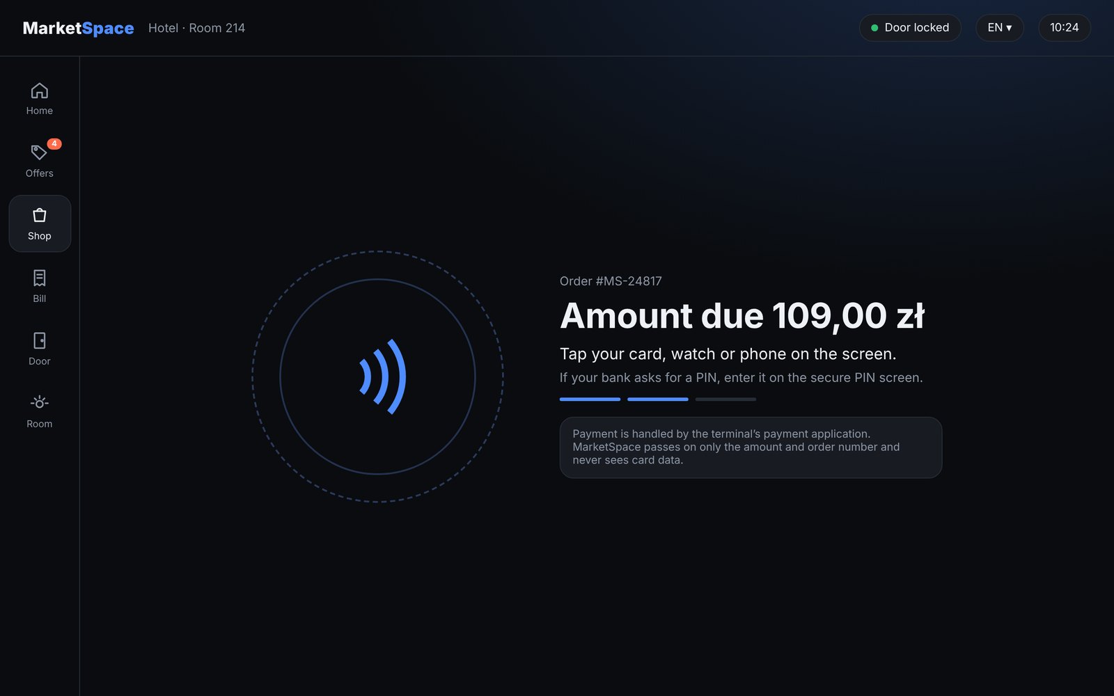 Ecrã de pagamento com o valor a pagar e a instrução para aproximar