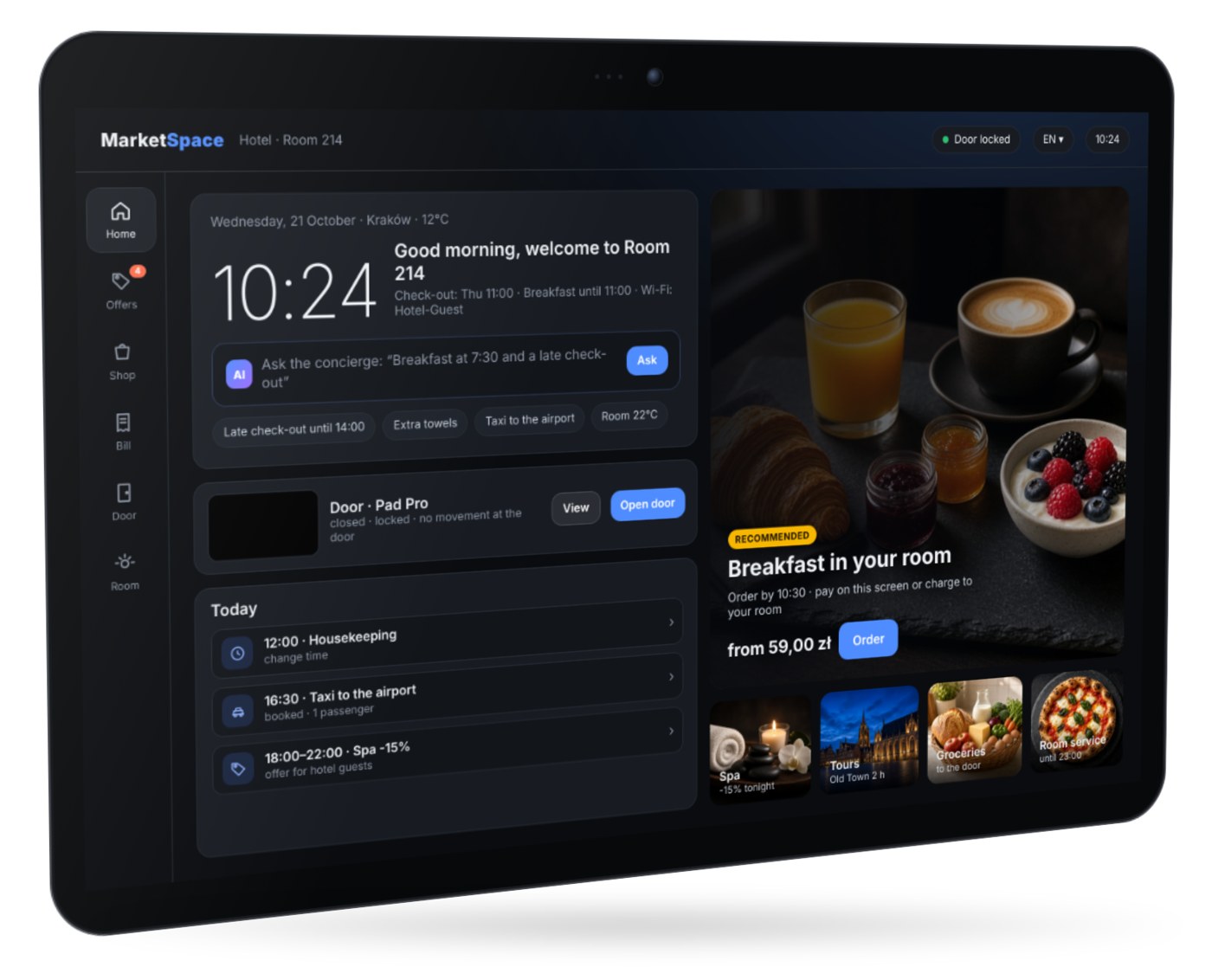 MarketSpace 11-Zoll-Zimmerbildschirm mit Concierge, Shop und Türstatus