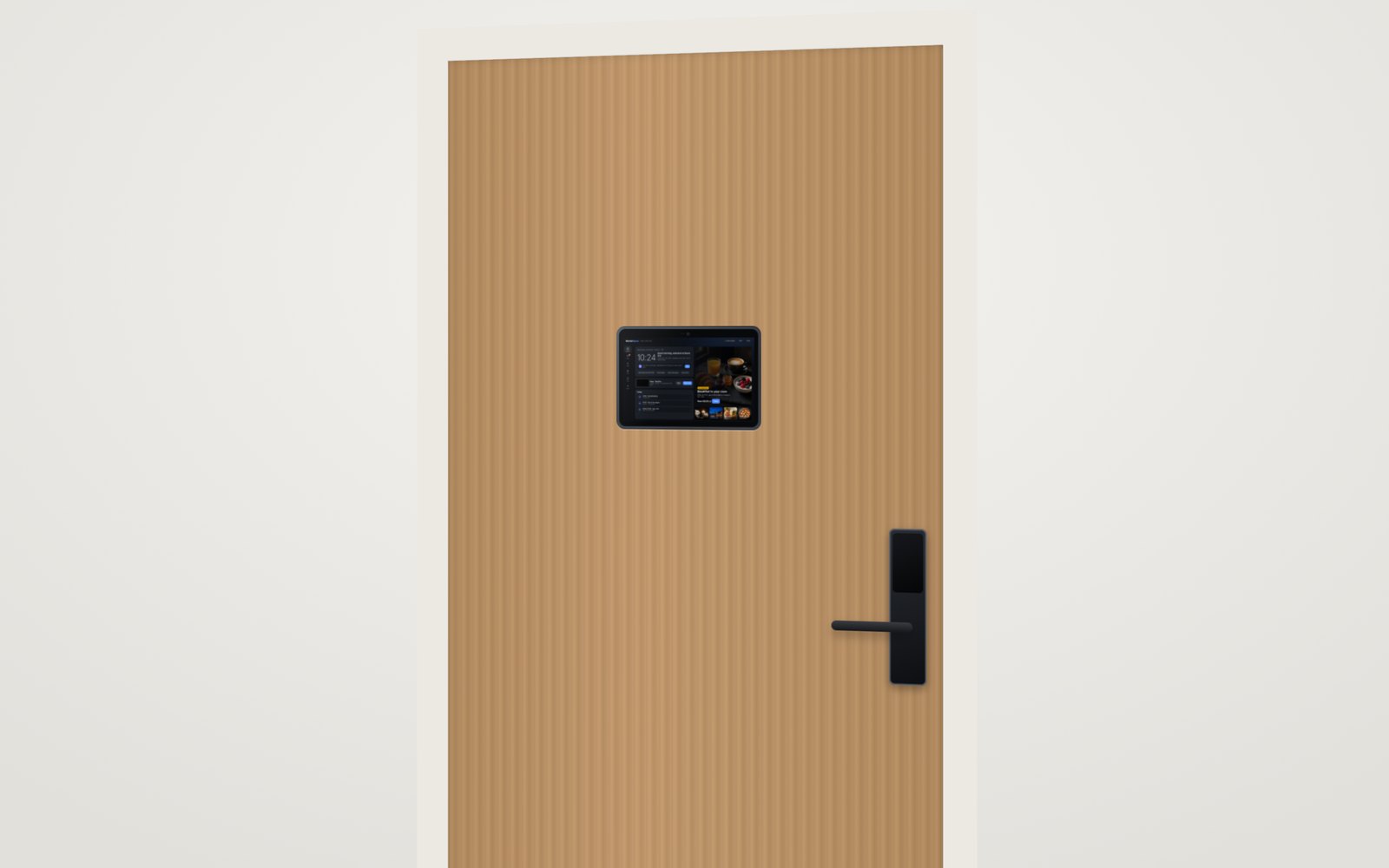 Visualisierung: MarketSpace Door, das Modul bündig in einem Holztürblatt mit Aluminiumrahmen