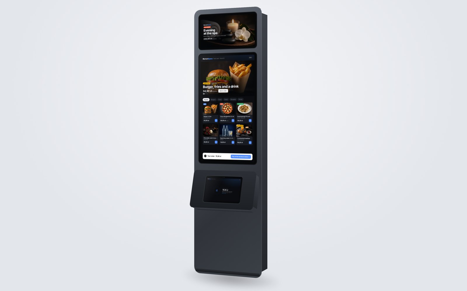 Visualisierung: MarketSpace Kiosk mit Werbebildschirm, Hochformat-Bestellbildschirm und dem Modul als Bezahlstation