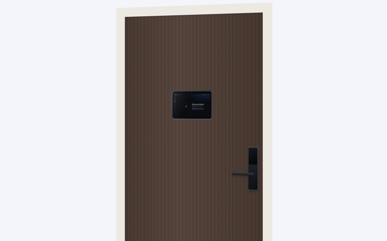 Visualização: MarketSpace Door embutido na porta de um quarto de hotel, com o ecrã de pagamento, por cima do painel de acesso SPACE