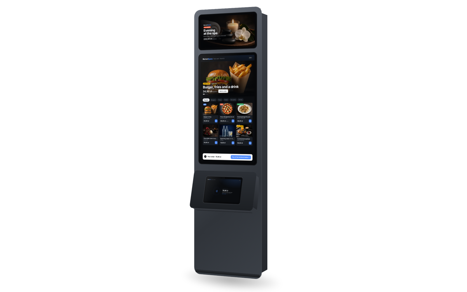 Visualisierung: MarketSpace Kiosk mit Werbebildschirm, Hochformat-Bestellbildschirm und dem Modul als Bezahlstation