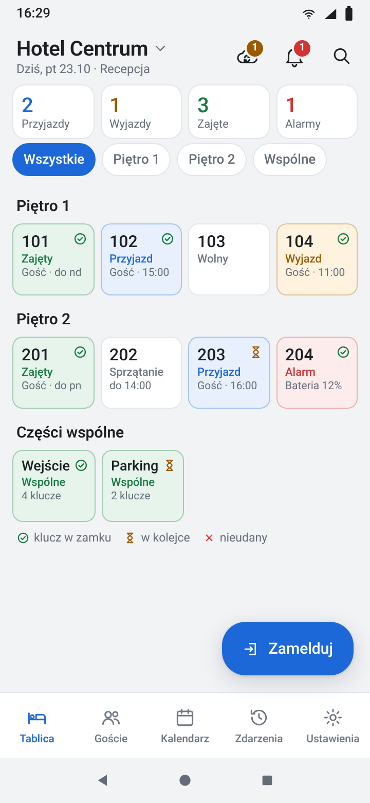 Quadro da receção com quartos por piso