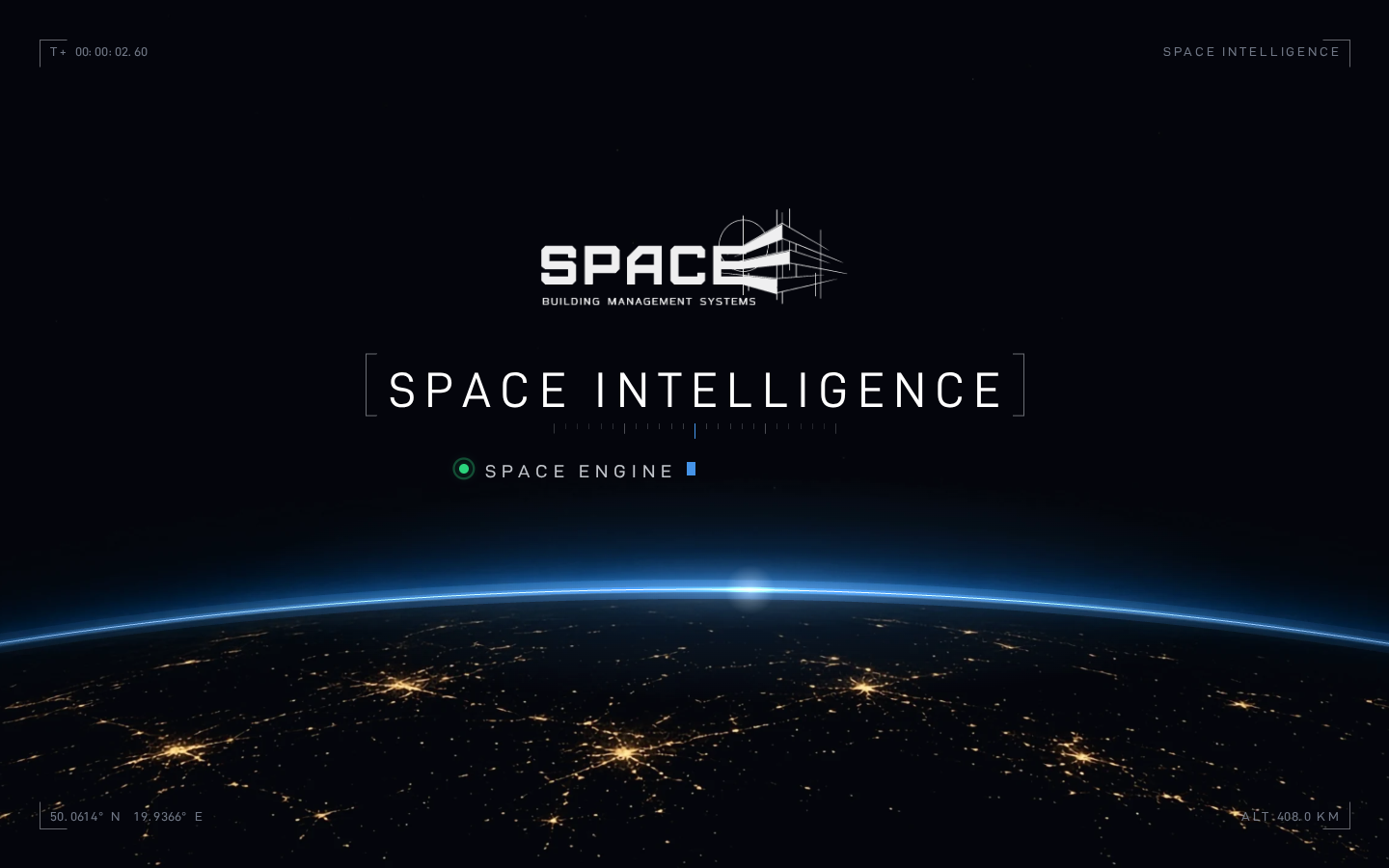 SPACE INTELLIGENCE start screen with the Earth at night